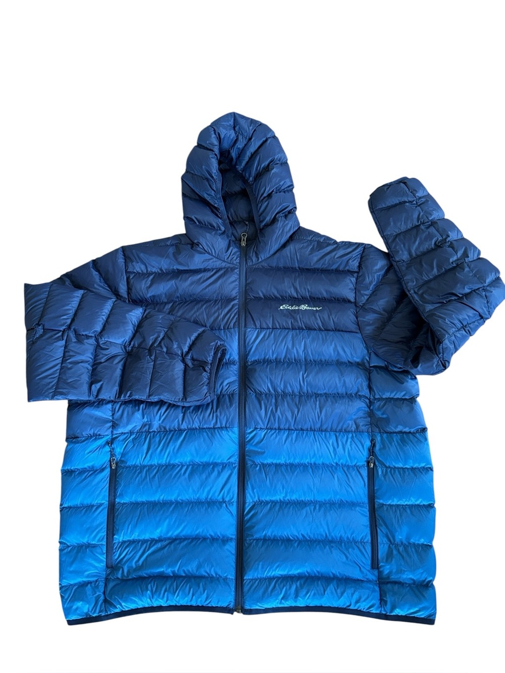 Eddie Bauer EB650 Cirruslite Blue Colorblock Down‎ Hooded Puffer Jacket Size XXL